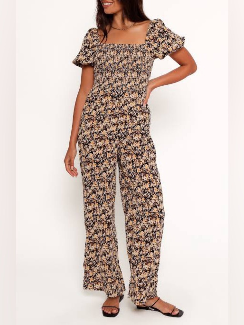 Petal + Pup Jolene Floral Smocked Jumpsuit Black Ditsy Floral M